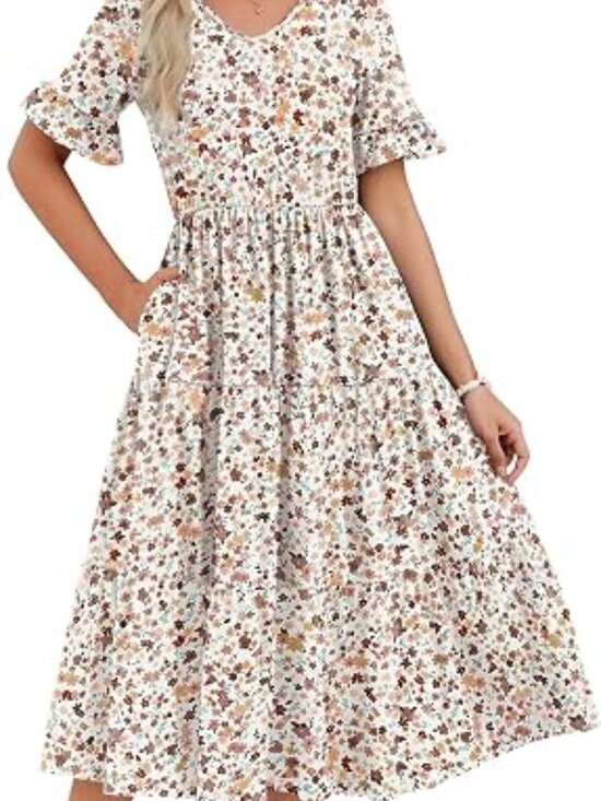branded Dresses & Skirts - Women's Summer Dresses Midi Tiered Casual Dress Floral V Neck Ruffle Short Sleev